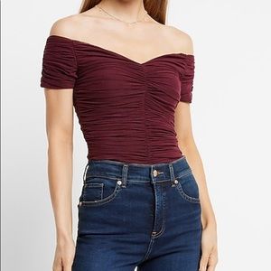 Body contour mesh off the shoulder thong bodysuit M EXPRESS crushed berry
